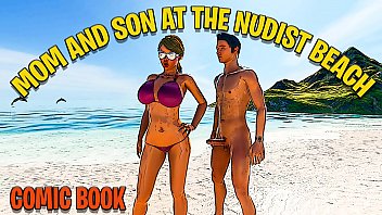 Mother and son on a nudist beach